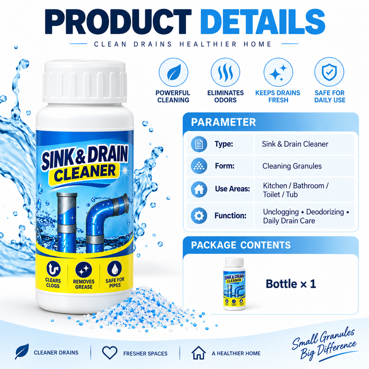 🌀Powerful Drain Cleaner - Household Kitchen & Toilet Anti-Bacterial Pipe Cleaning Agent, 99% Bacteria Kill, Odor-Free, Damage-Free Pipes, Heat Resistant, Dissolves 200+ Blockages Including Hair & Fat, Toilet Clog Fix