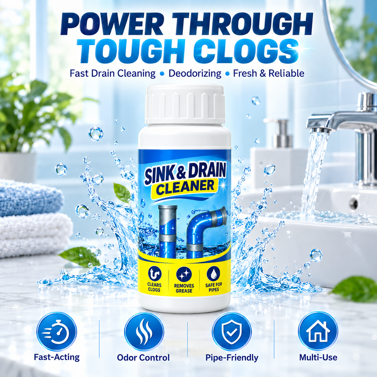 🌀Powerful Drain Cleaner - Household Kitchen & Toilet Anti-Bacterial Pipe Cleaning Agent, 99% Bacteria Kill, Odor-Free, Damage-Free Pipes, Heat Resistant, Dissolves 200+ Blockages Including Hair & Fat, Toilet Clog Fix