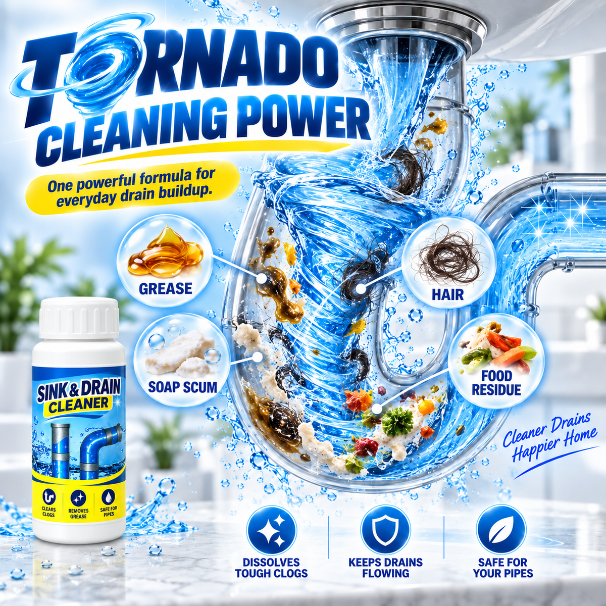 🌀Powerful Drain Cleaner - Household Kitchen & Toilet Anti-Bacterial Pipe Cleaning Agent, 99% Bacteria Kill, Odor-Free, Damage-Free Pipes, Heat Resistant, Dissolves 200+ Blockages Including Hair & Fat, Toilet Clog Fix